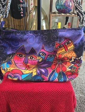 NWT Laurel Burch Purple Multicolor Cat Floral Shoulder Bag W/Charm
